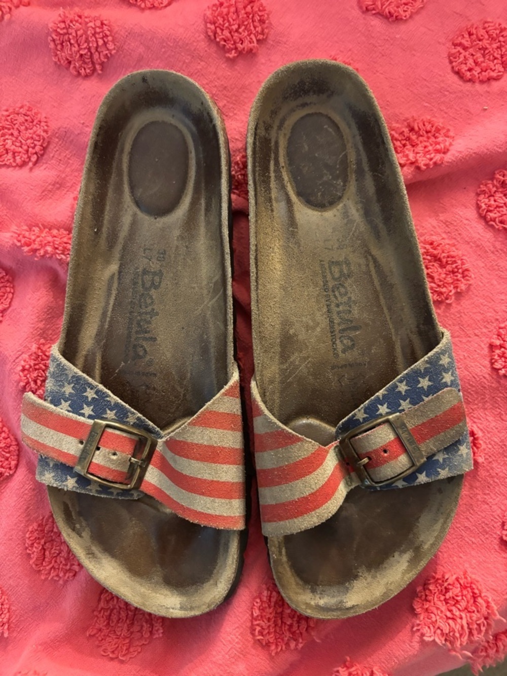 BETULA Birkenstock Luca USA Patriotic Flag Slide Sandals Red White Blue Sz 7 38